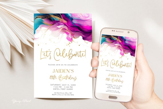 Abstract Purple Teal Gold Birthday Invite Ladies Teens Girls Celebration Invitation Birthday Party Invite Template Any Age Birthday
