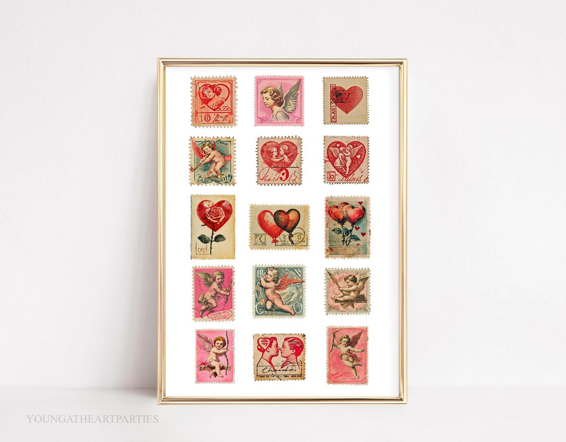Vintage Valentine Postage Stamp Collage Romantic Love Wall Art - Image 4