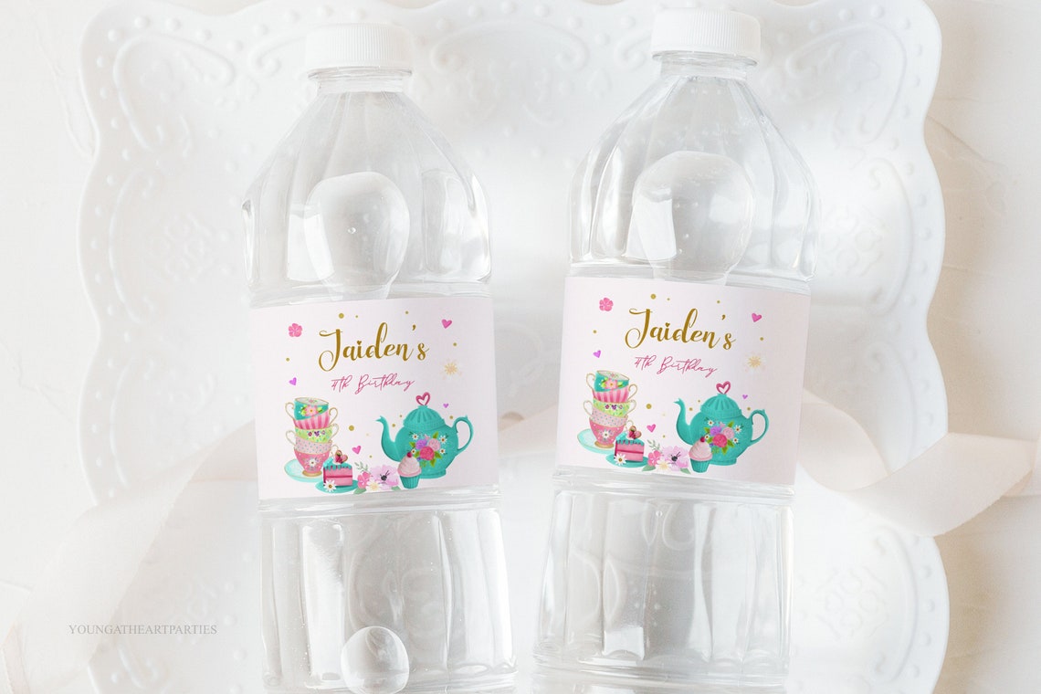Whimsical Tea Party Water Bottle Labels Birthday Decor Print