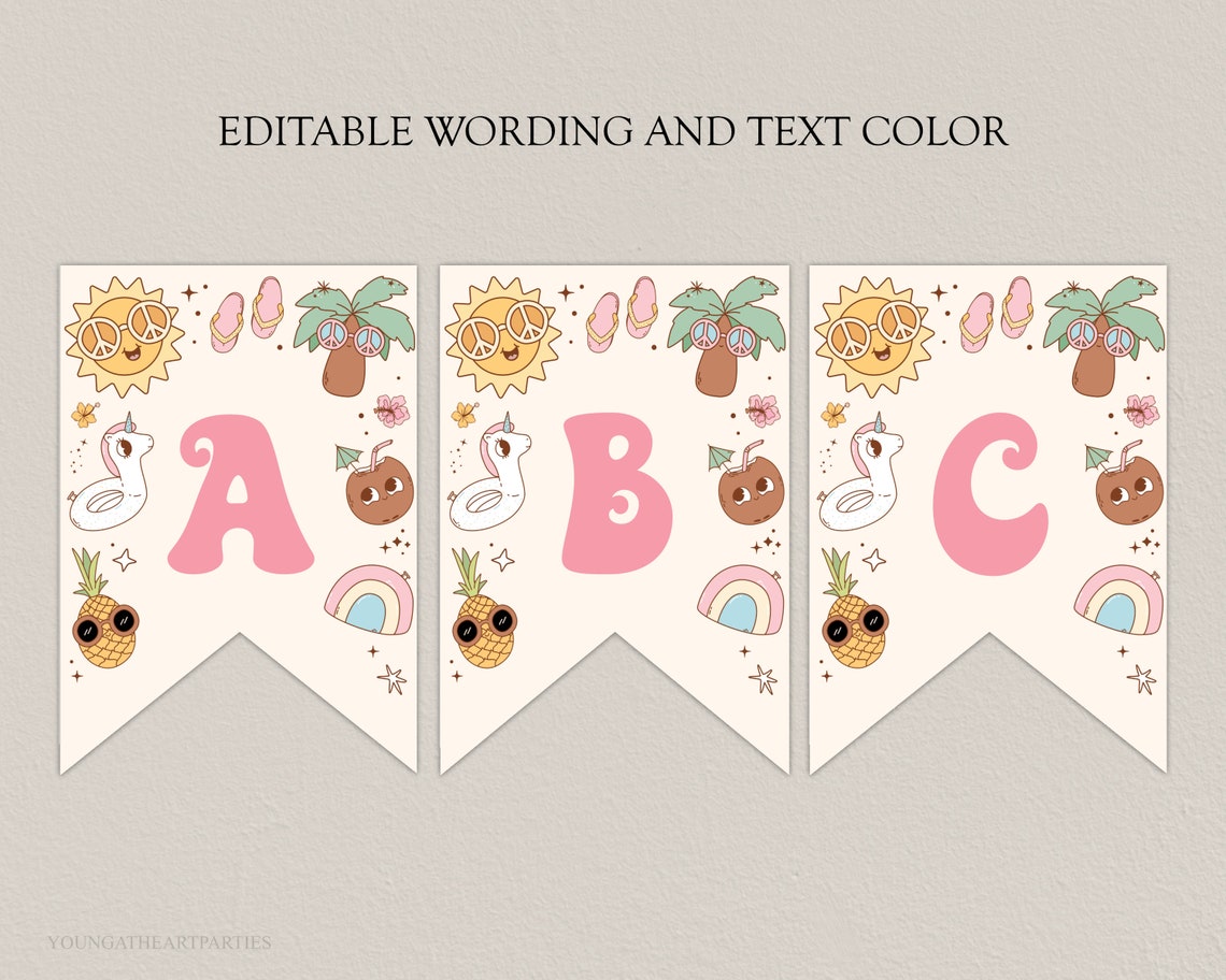 Groovy Pool Party Banner Editable Letter Flags Beach Party Print
