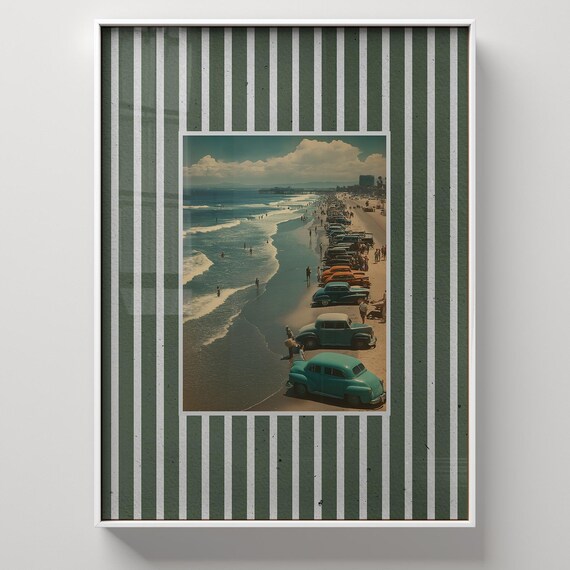 Vintage Beach Photo Classic Cars Print Coastal Retro Striped Framed Decor