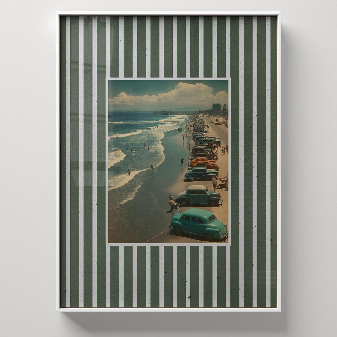 Vintage Beach Photo Classic Cars Print Coastal Retro Striped Framed Decor
