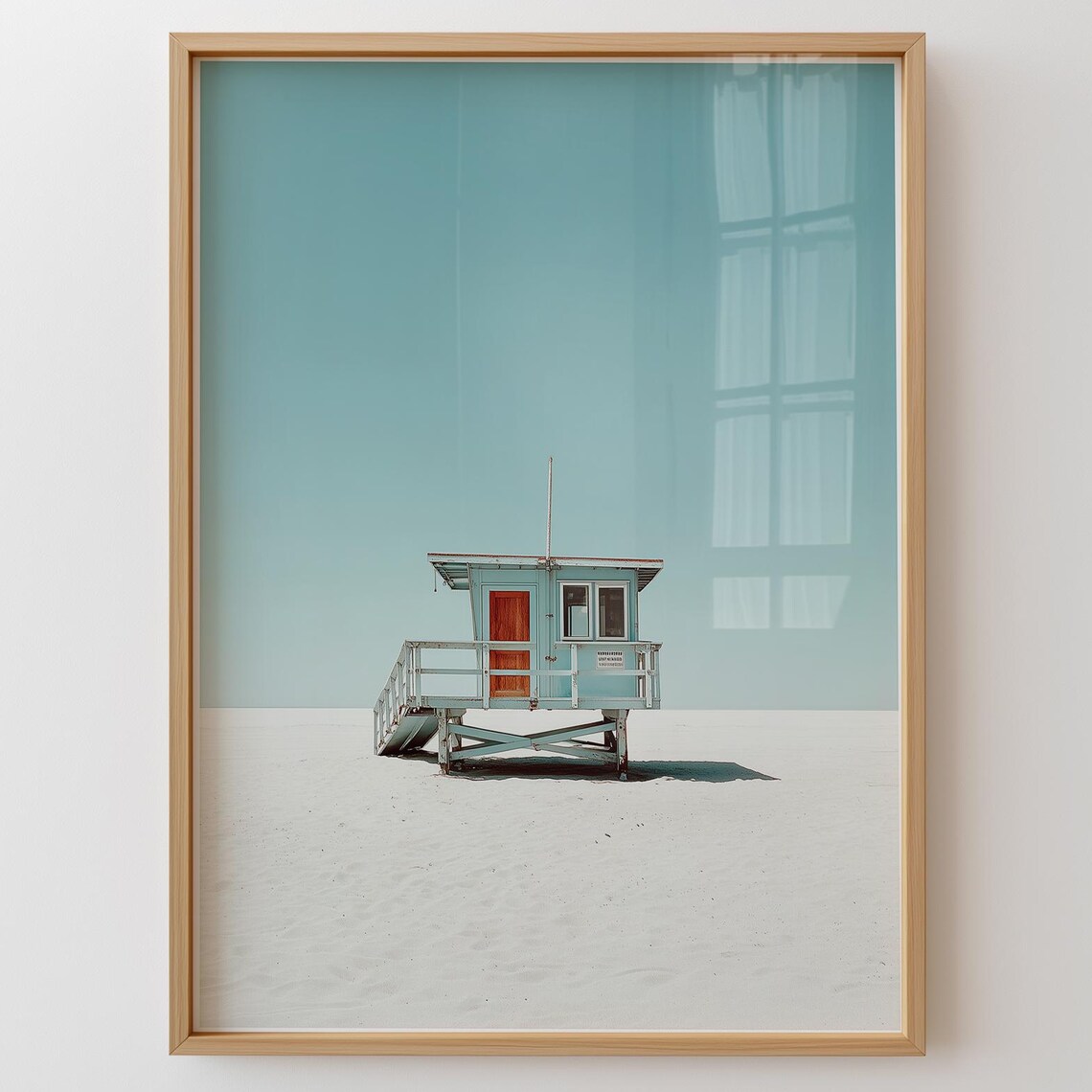 Minimalist Beach Photo Blue Lifeguard Hut Print White Sand Coastal Decor