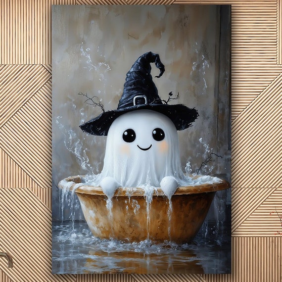 Cute In Witch Hat Canvas Wall Art Happy Halloween Decor Haunted Bathroom Painting Print Abstract Surreal Poster Gift Ready To Hang