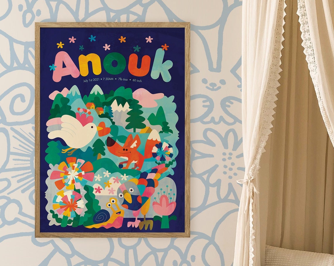 Personalized Anouk Kids Name Birth Stats Woodland Animals Navy Poster - Image 4
