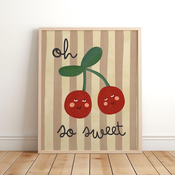 Oh So Sweet Cherry Print Brown Nursery Wall Art Kids Fruit Decor Cute Boho Cottage Core Playroom Boy Bedroom Girl Gift