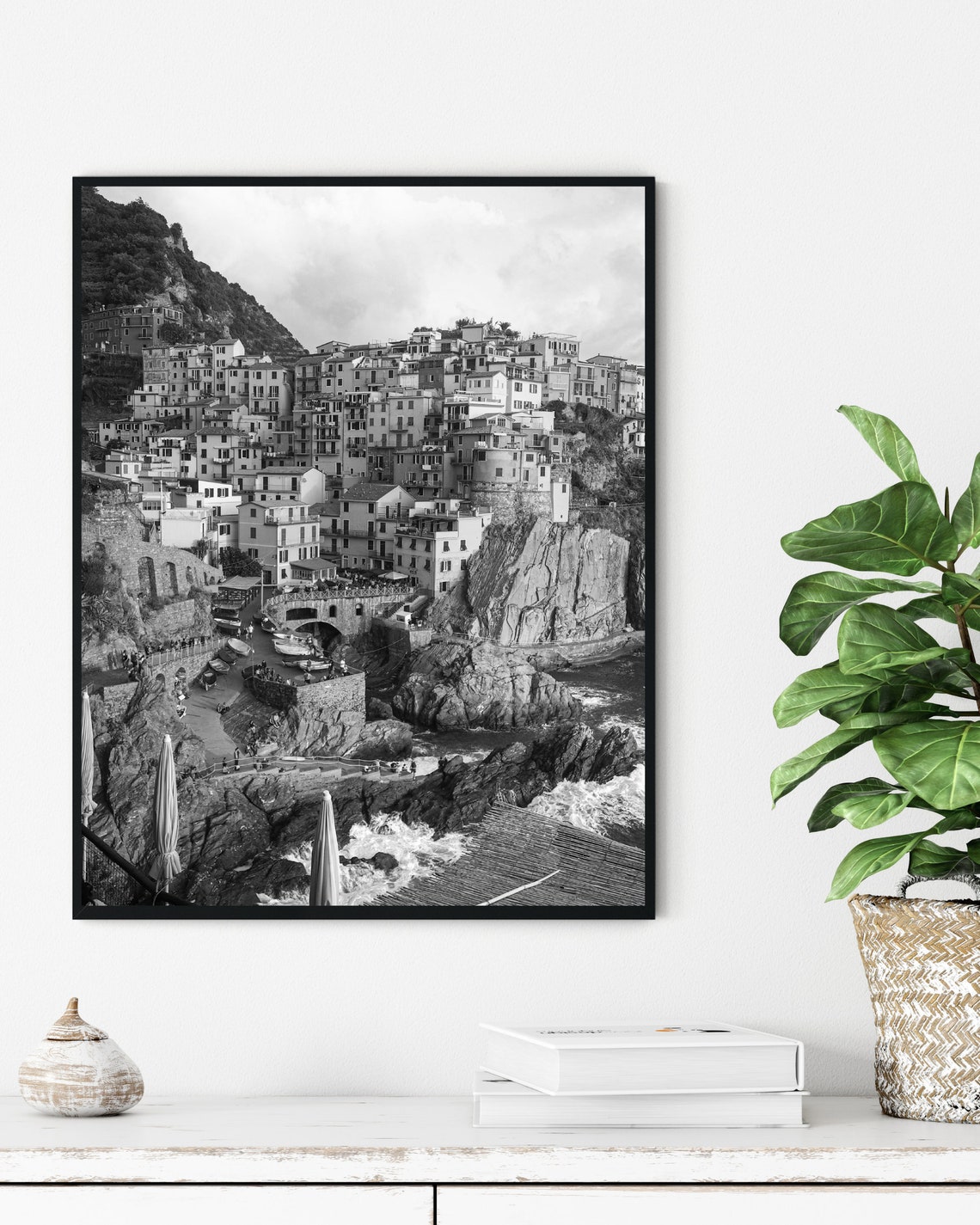 Manarola Cinque Terre Harbor Black And White Italian Photo Poster - Image 3