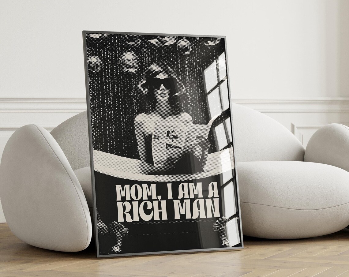 Mom I Am A Rich Man Poster with Retro Woman in Bathtub Halftone Art