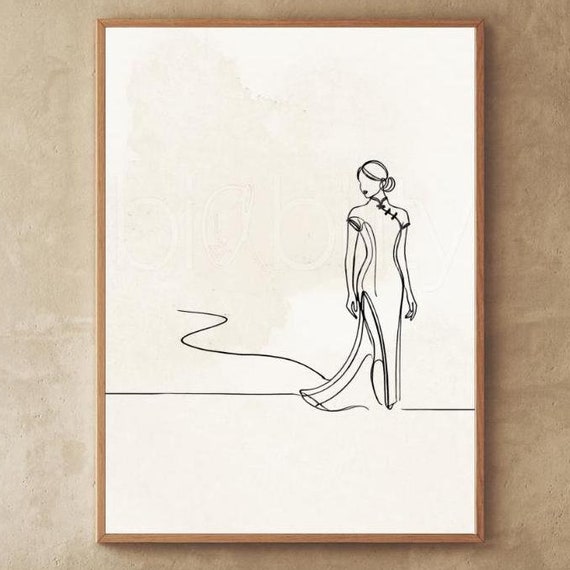 Chinese Qipao Cheongsam Continuous Line Drawing Vertical Posters Black And White Disney Princess Gowns China Traditional Dress Decor Gift