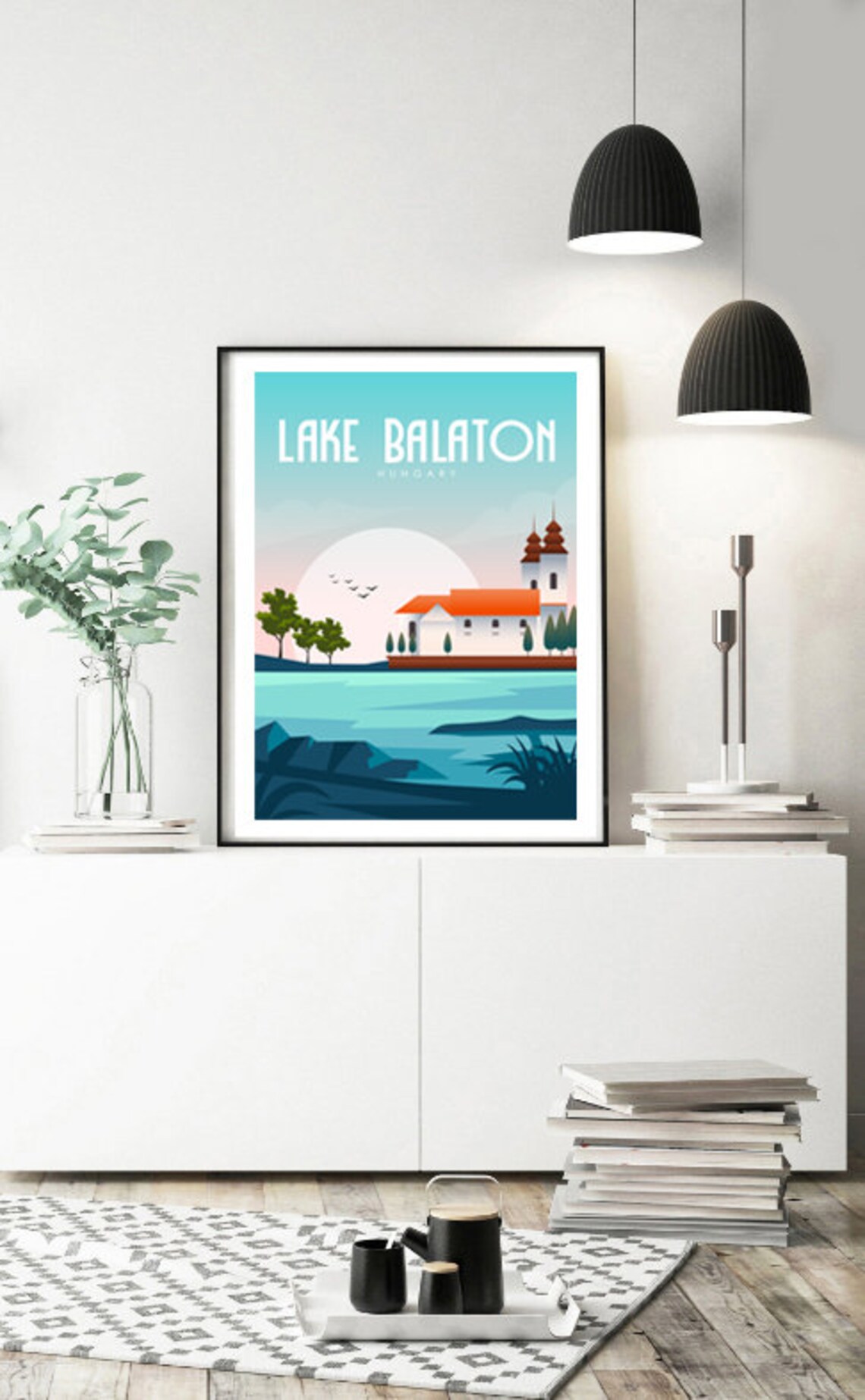 Lake Balaton Hungary Abbey Lakeshore Sunset Retro Travel Poster - Image 2