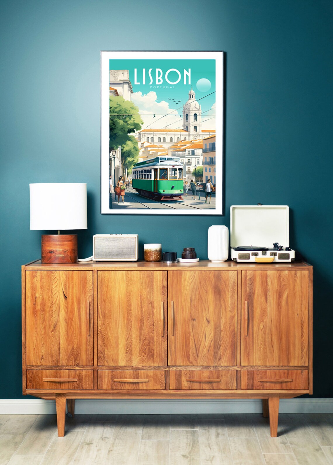 Lisbon Portugal Green Tram Domed Church Street Retro Travel Poster - Image 3