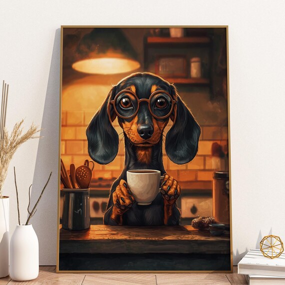 Sausage Dog Coffee Print Funny Dachshund Wall Art Cute Kitchen Decor Quirky Lover Gift