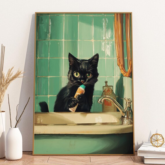 Funny Black Cat Wall Art With Toothpaste Tube Retro Mint Bathroom Poster Vintage Print Humorous Decor