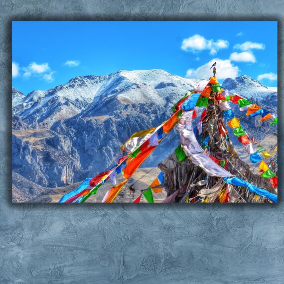 Tibet Snowy Mountain Prayer Flags Himalayan Winter Landscape Poster