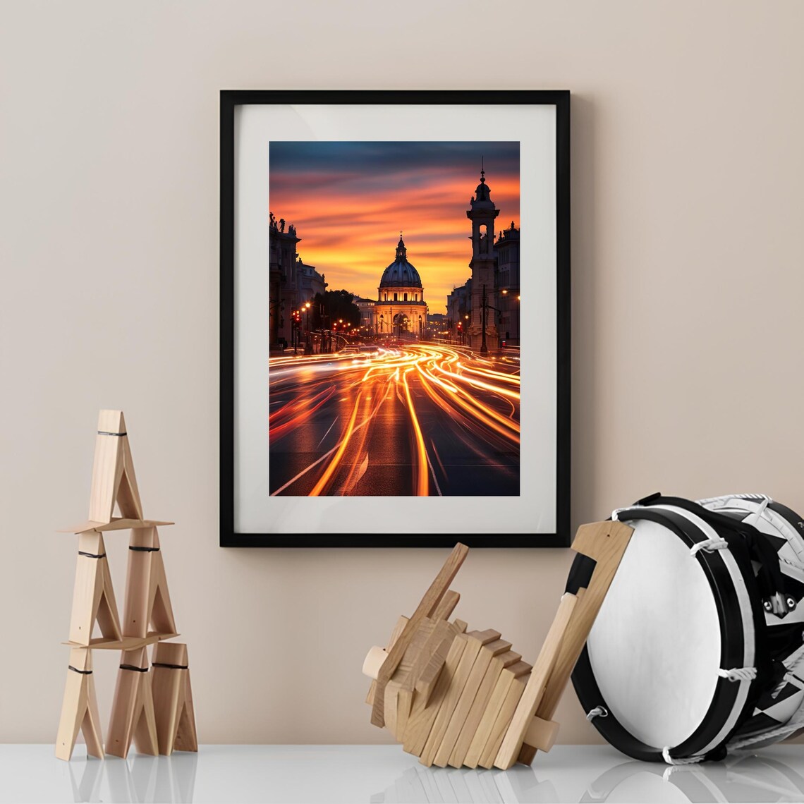 Rome Sunset Avenue With Golden Light Trails City Photography Poster - Image 2