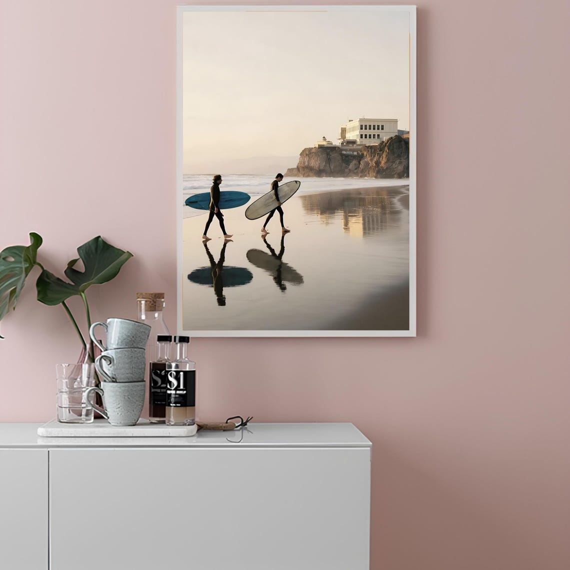 Two Surfers Walking Sunset Beach Surfboard Coastal Wall Poster - Image 2