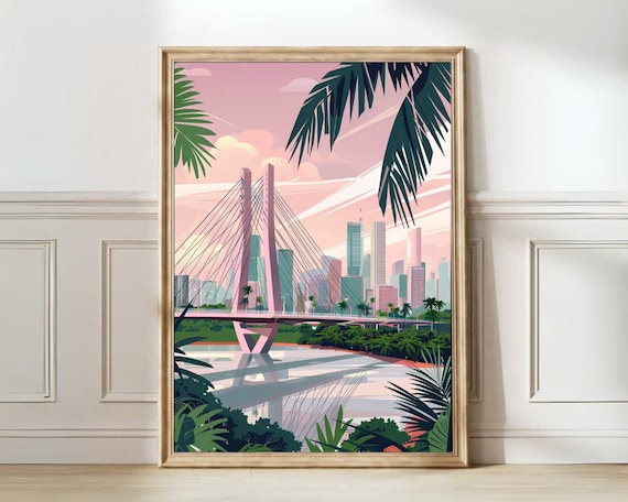 Sao Paulo Brazil Pink Cable-Stayed Bridge Skyline View Poster