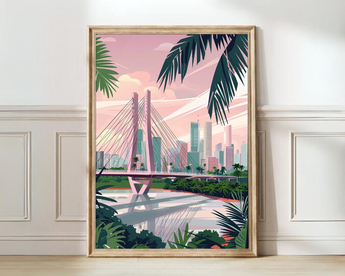 Sao Paulo Brazil Pink Cable-Stayed Bridge Skyline View Poster