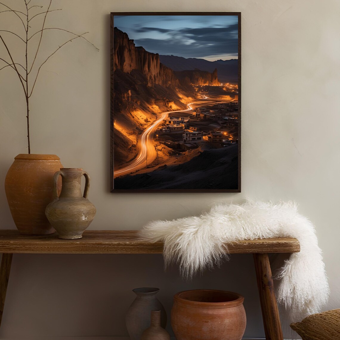 Winding Road Mountain Valley Night Lights Landscape Art Poster - Image 3