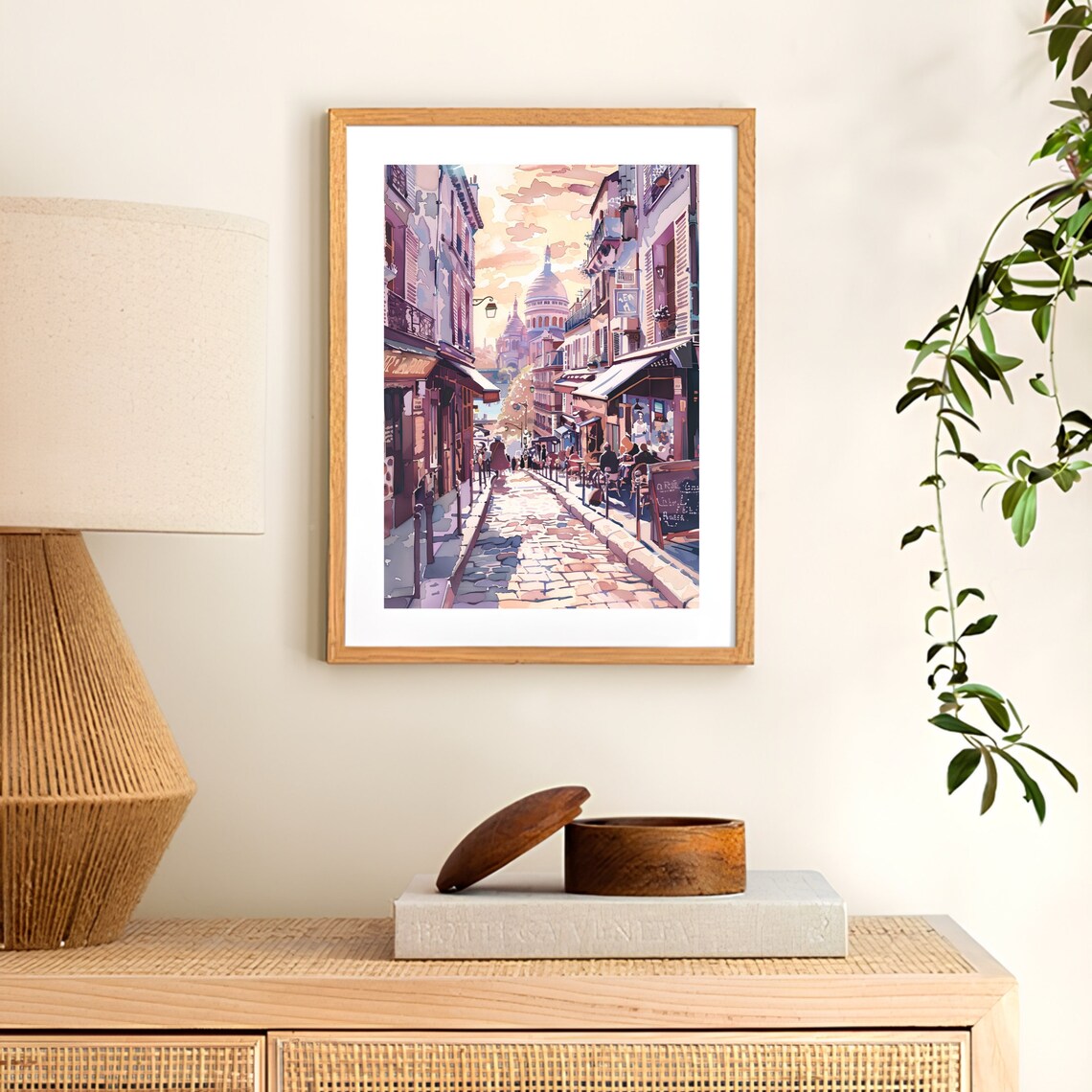 Paris Montmartre Street with Sacre Coeur Watercolor Sunset Poster - Image 3
