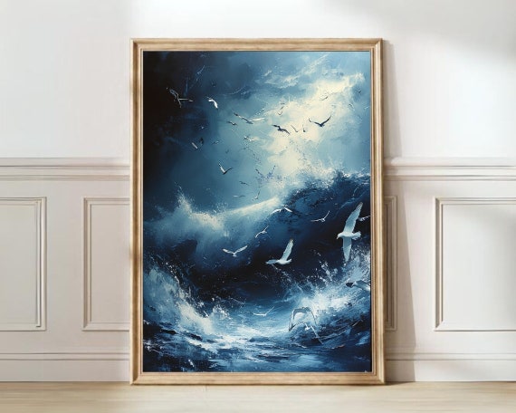 Wave Print Sea Ocean Wall Art Moody Night Sky Painting Indigo Blue Wall Art Seagull Print Minimalist Maximalist Decor Printable Wall Art