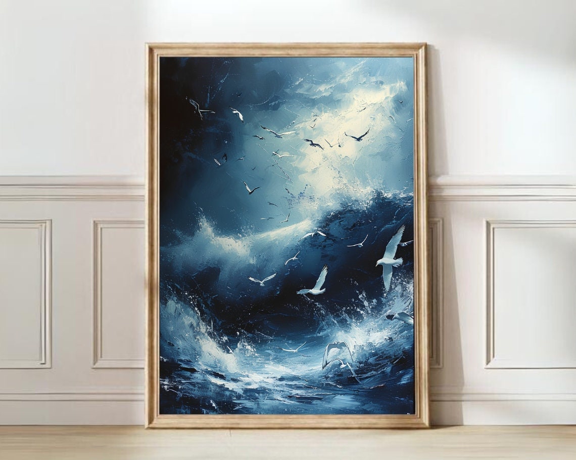 Indigo Storm Ocean Waves Seagulls Moody Night Sky Painting Poster