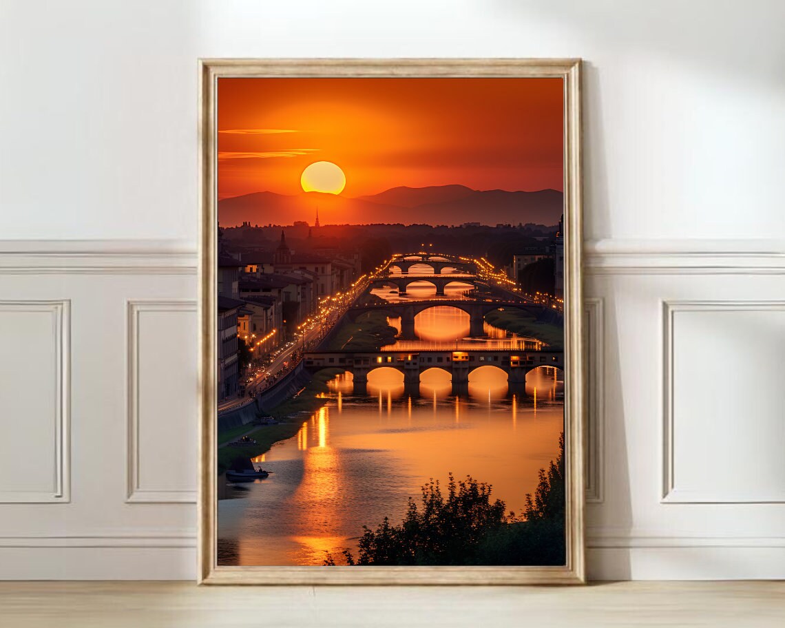 Florence Sunset Arno River Ponte Vecchio Cityscape Photo Poster