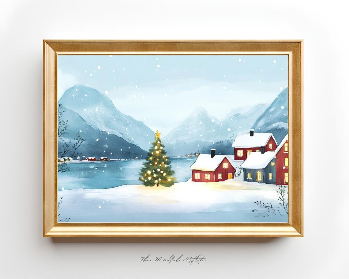 Tromso Winter Fjord Christmas Cabins Snowy Mountain Lake Poster