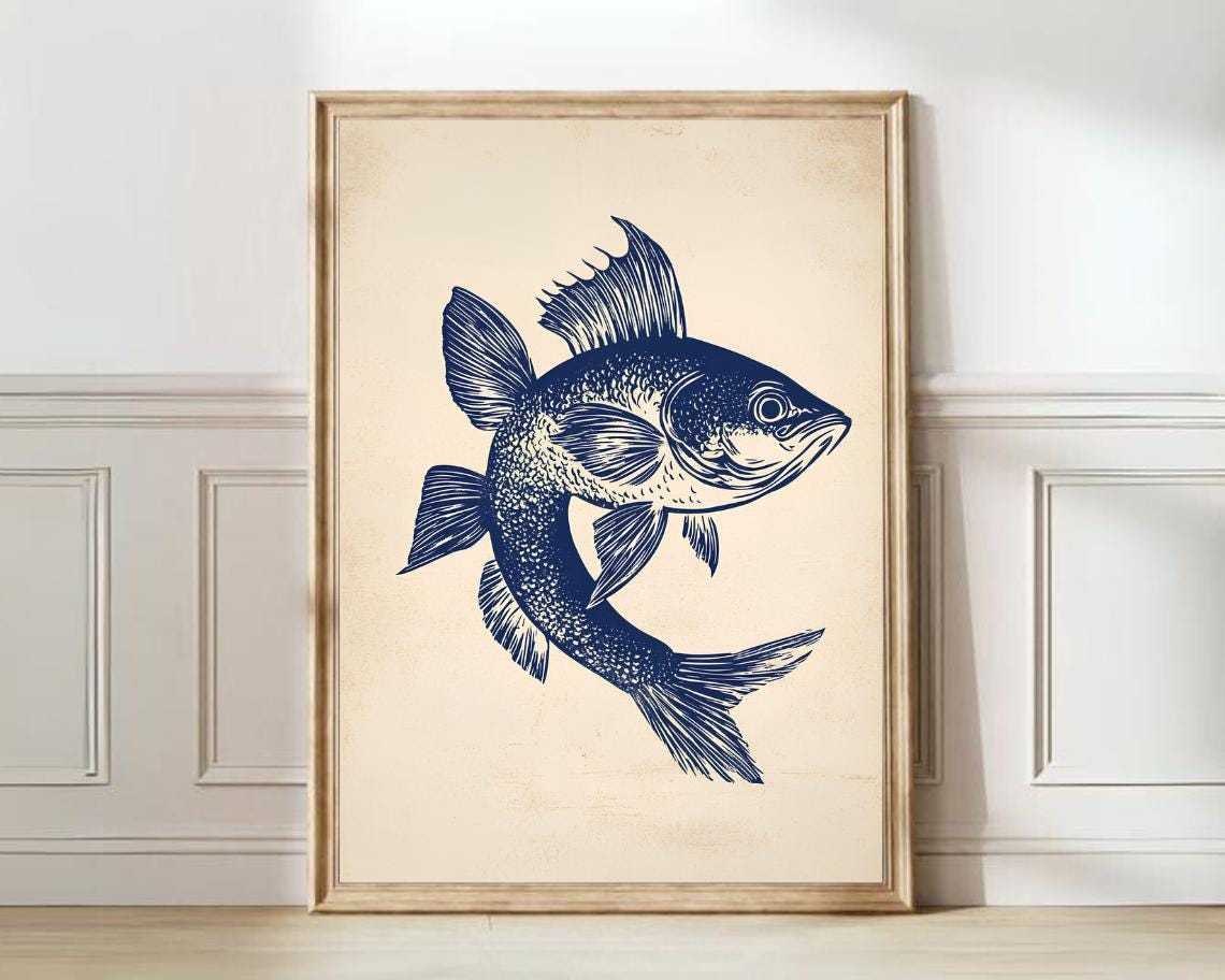 Navy Blue Fish Linocut with Spiny Dorsal Fin Vintage Style Art Poster