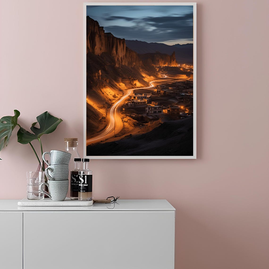 Winding Road Mountain Valley Night Lights Landscape Art Poster - Image 2
