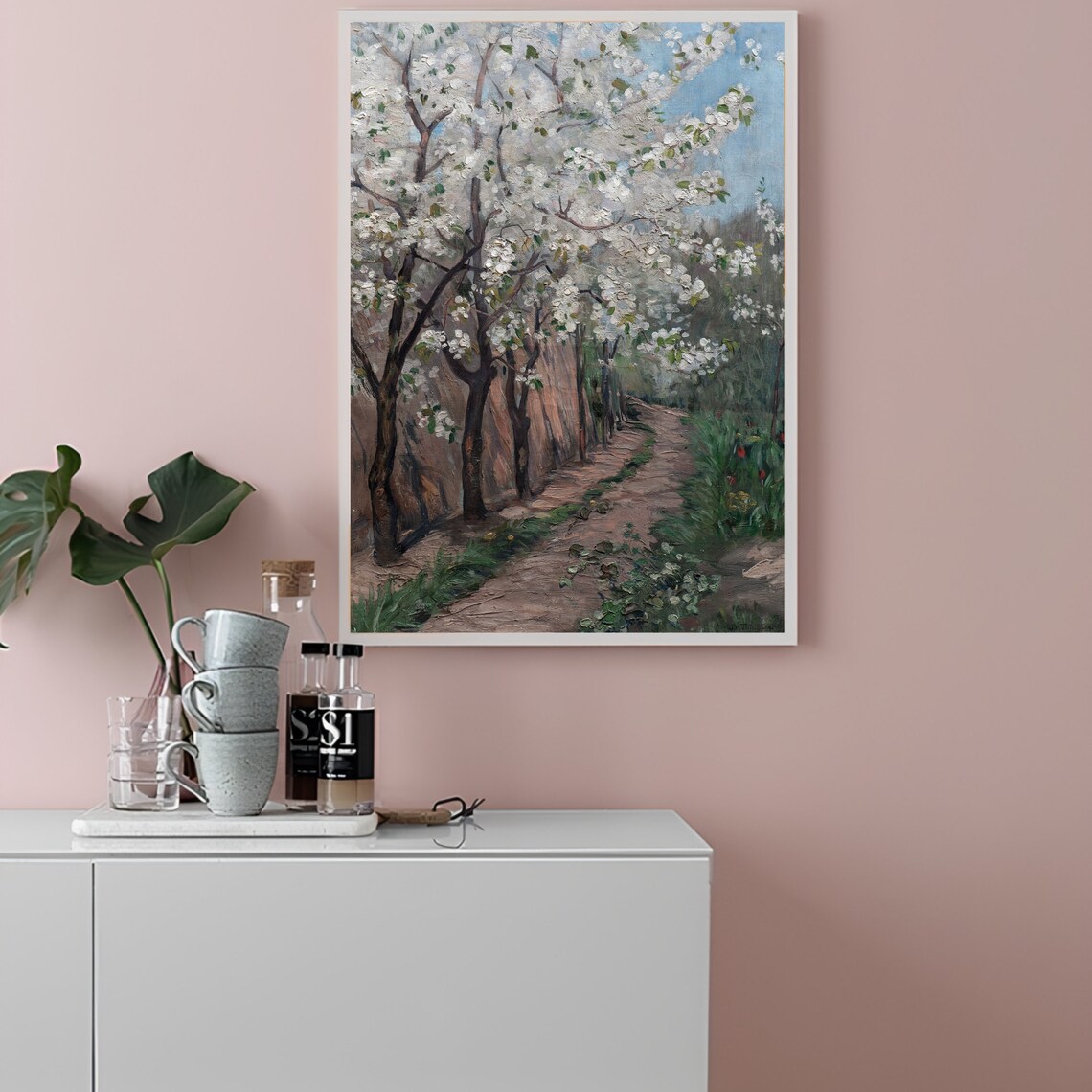 Vintage Meadow Landscape, Cherry Blossom Art Print - Image 3
