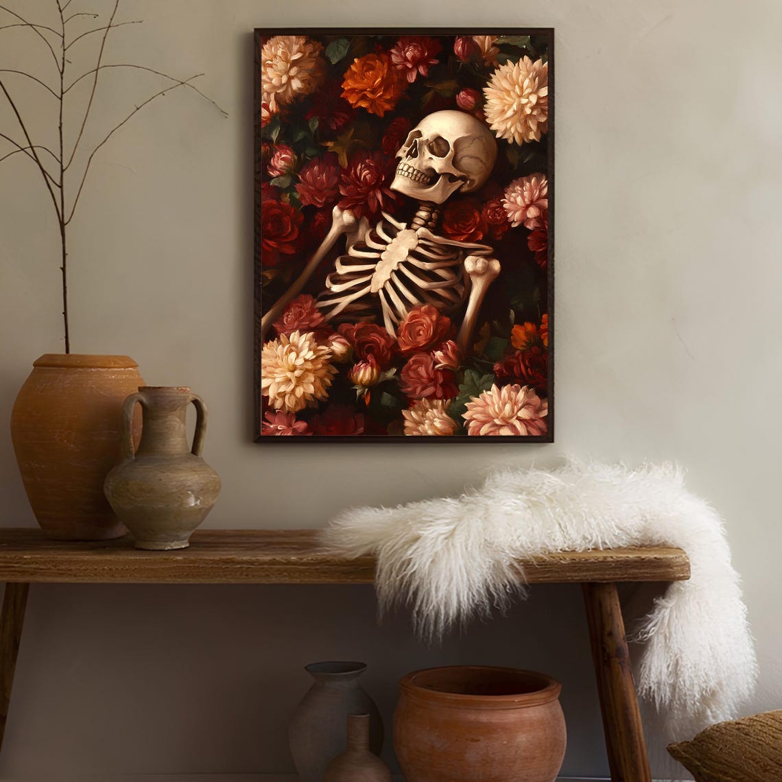 Skeleton Among Red And Cream Roses Vintage Floral Halloween Poster - Image 3