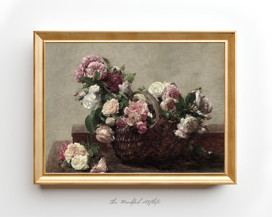Vintage Rose Basket Moody Still Life Floral Painting Art Poster