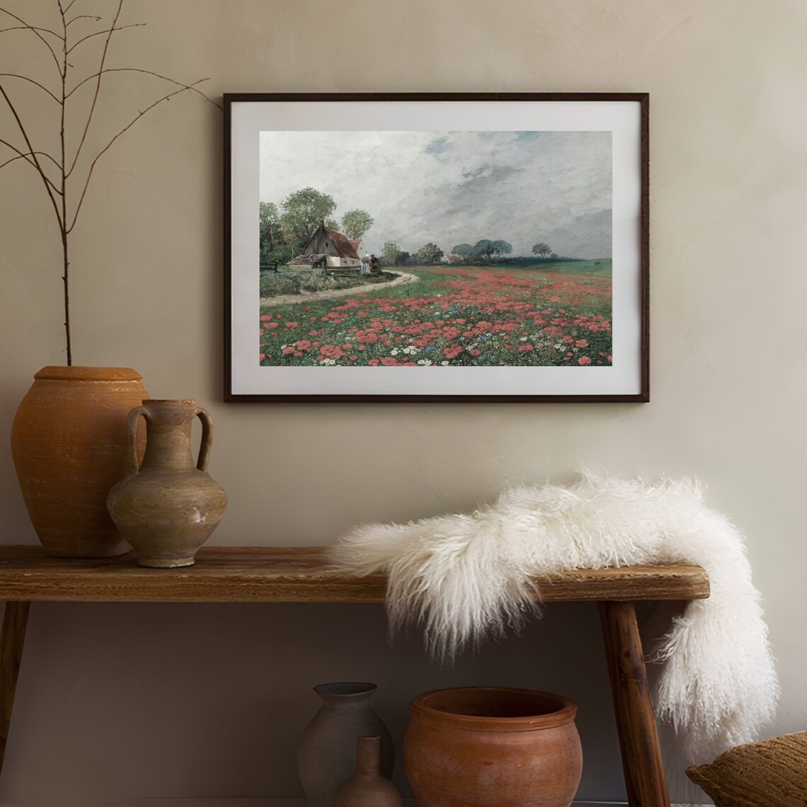 Vintage Red Poppy Field With Farmhouse Cottage Landscape Poster - Image 3