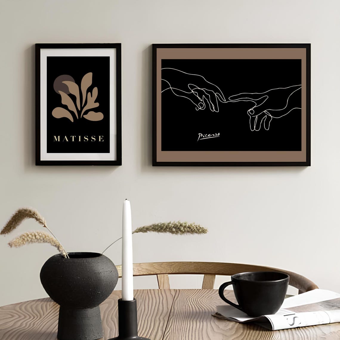 Picasso Style Touching Hands Poster with White Line Art on Black - Image 3