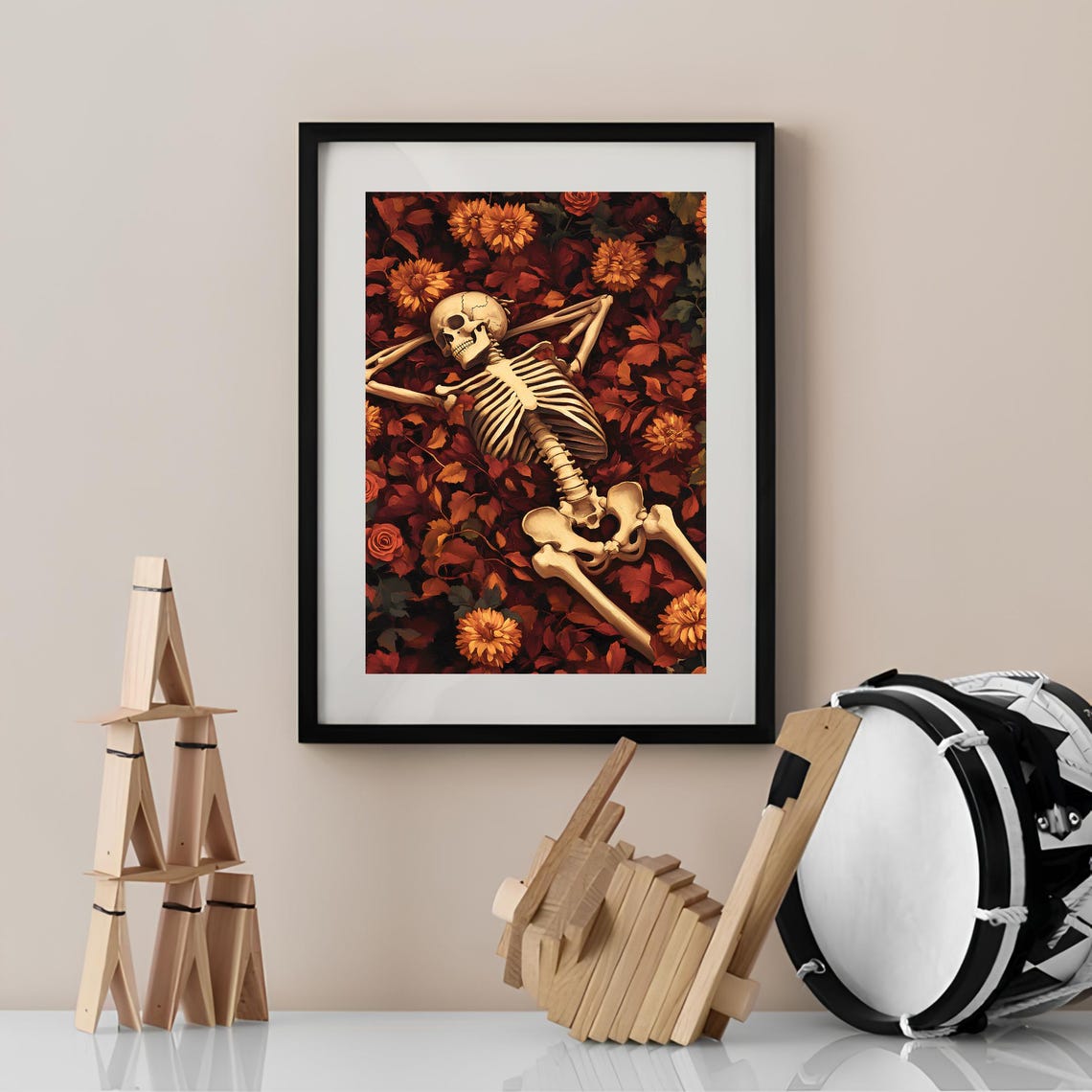 Skeleton Resting Among Autumn Leaves And Dahlias Halloween Poster - Image 2