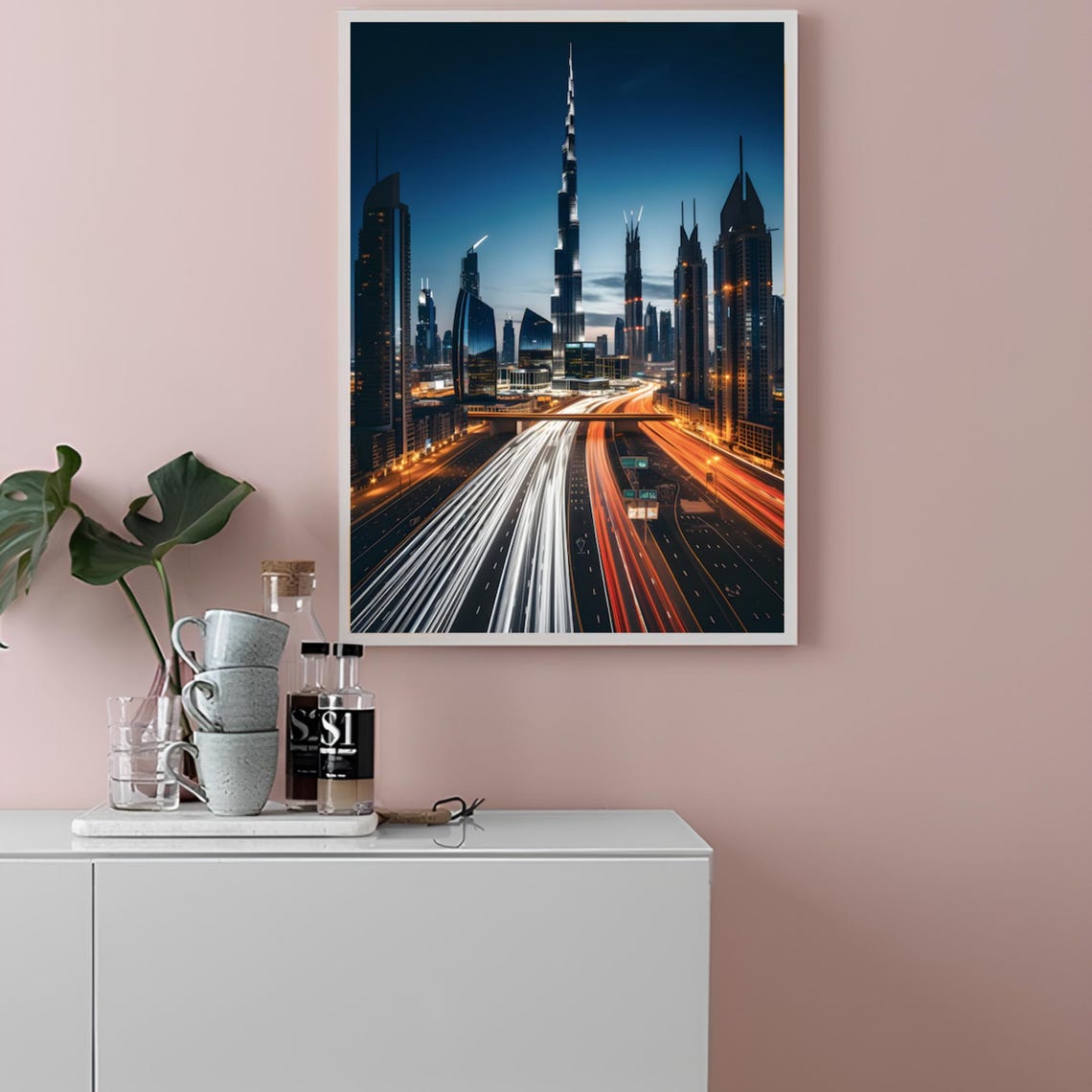 Dubai UAE Night Skyline Poster with Burj Khalifa and Light Trails - Image 2