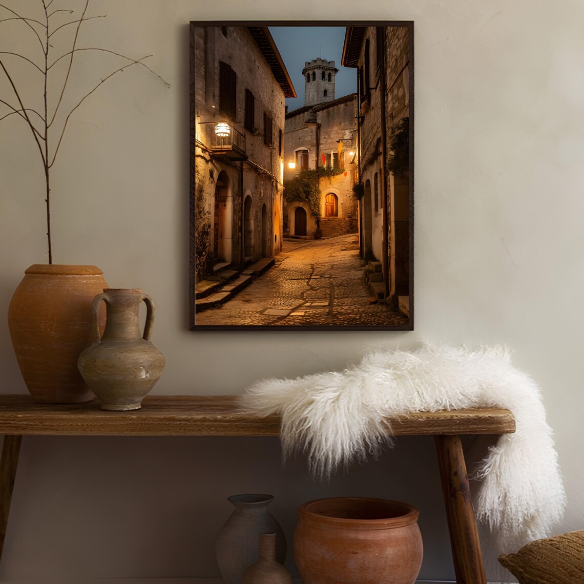 Siena Italy Cobblestone Street At Night With Warm Lamps Poster - Image 3