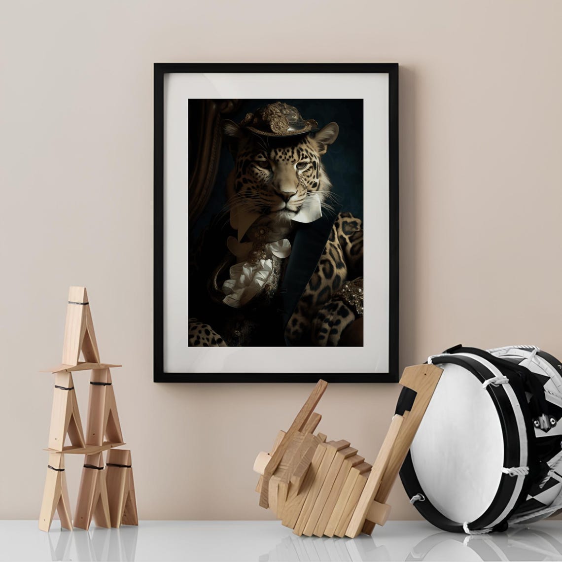 Victorian Leopard Portrait Wearing a Cap Dark Elegant Animal Poster - Image 3