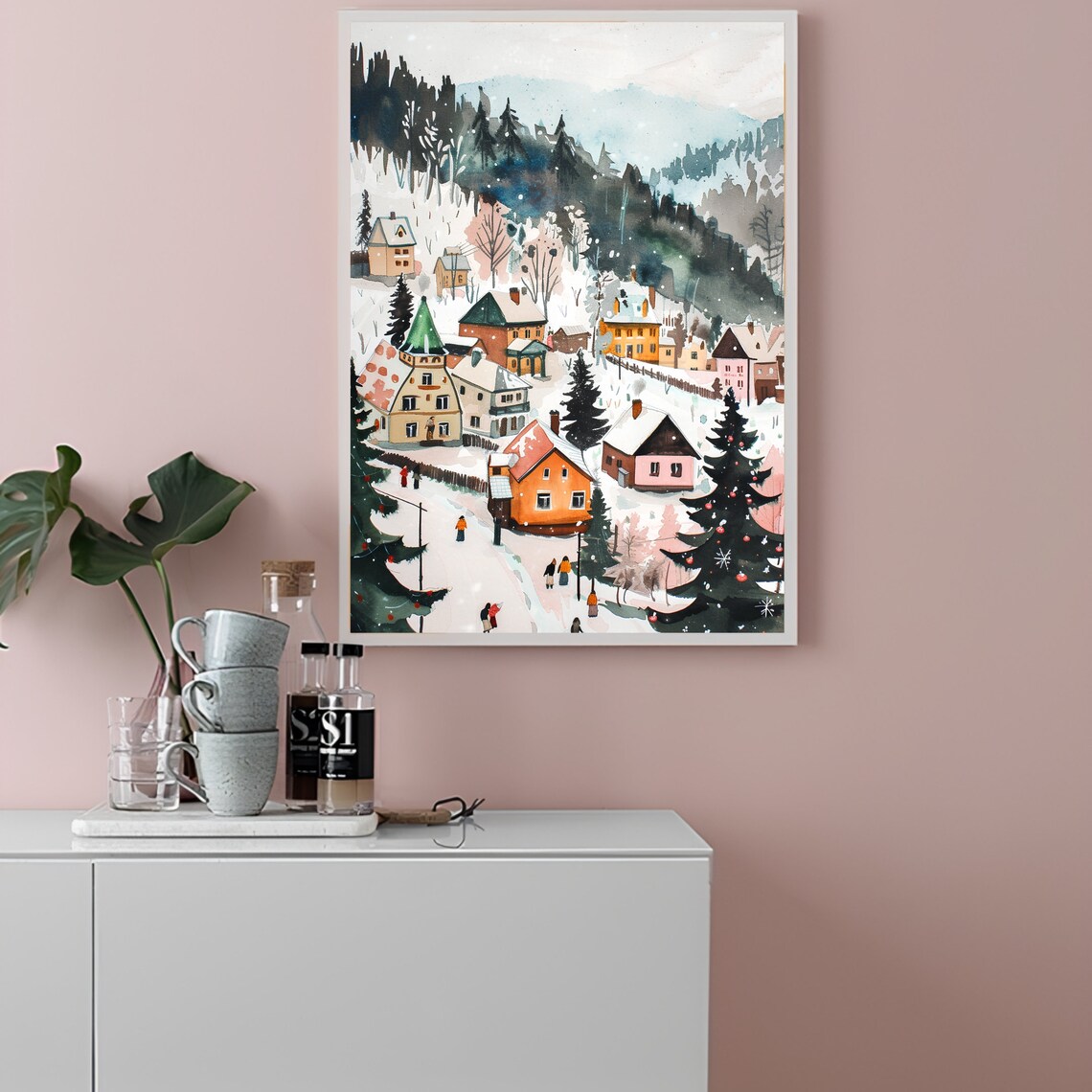 Switzerland Snowy Alpine Village Watercolor Winter Scene Art Print - Image 3