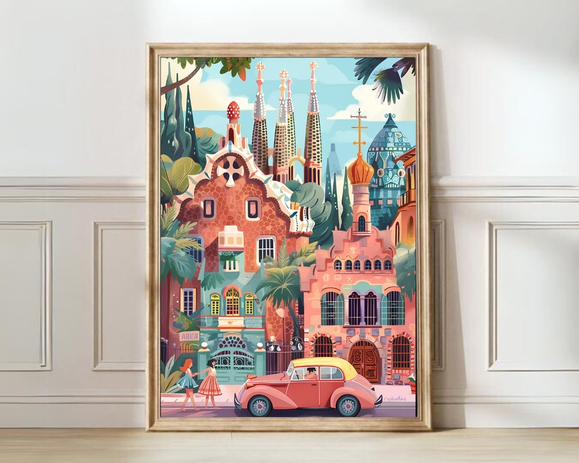 Barcelona Illustration Travel Poster, Sagrada Familia