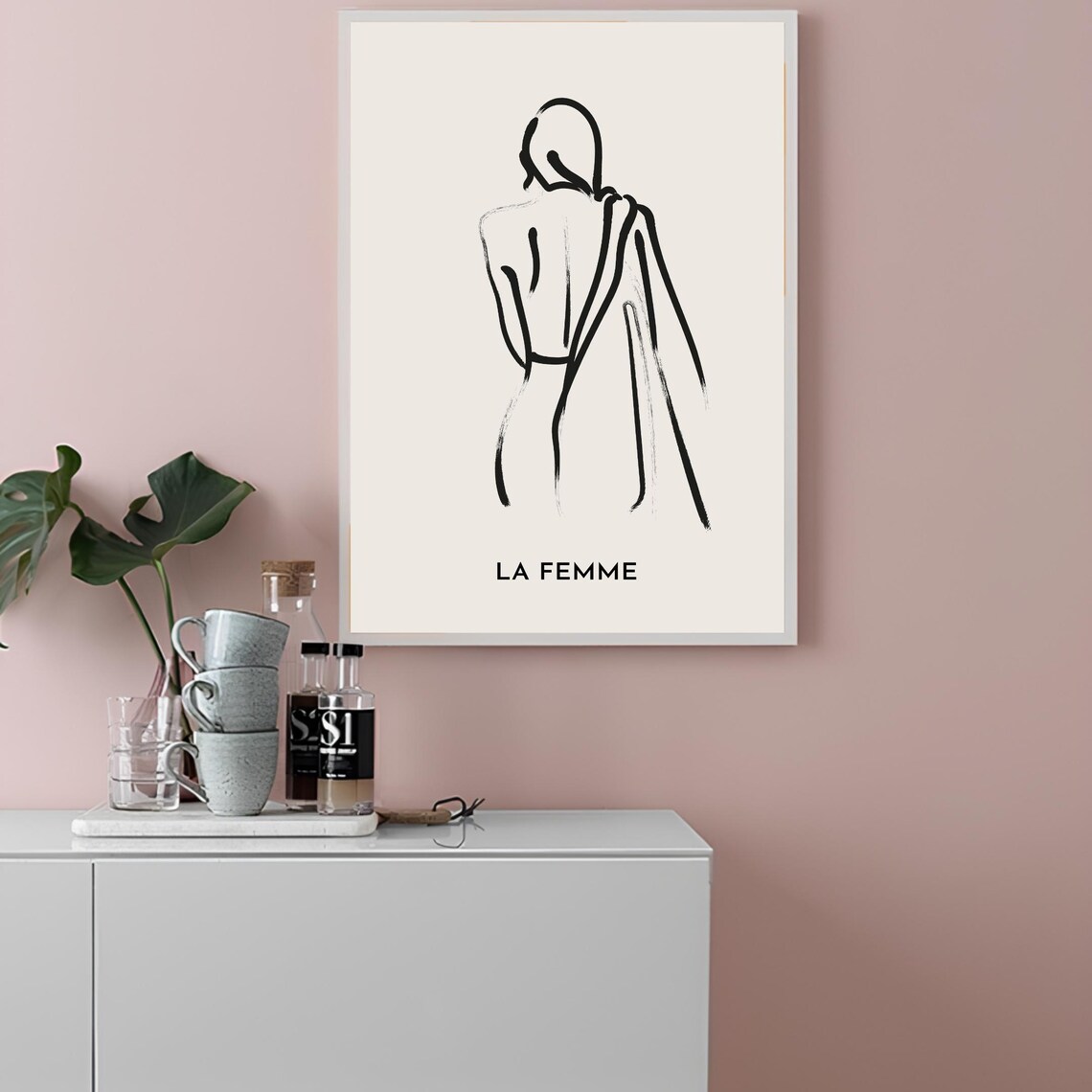 La Femme Minimalist Black Line Drawing Of A Woman Beige Poster - Image 2
