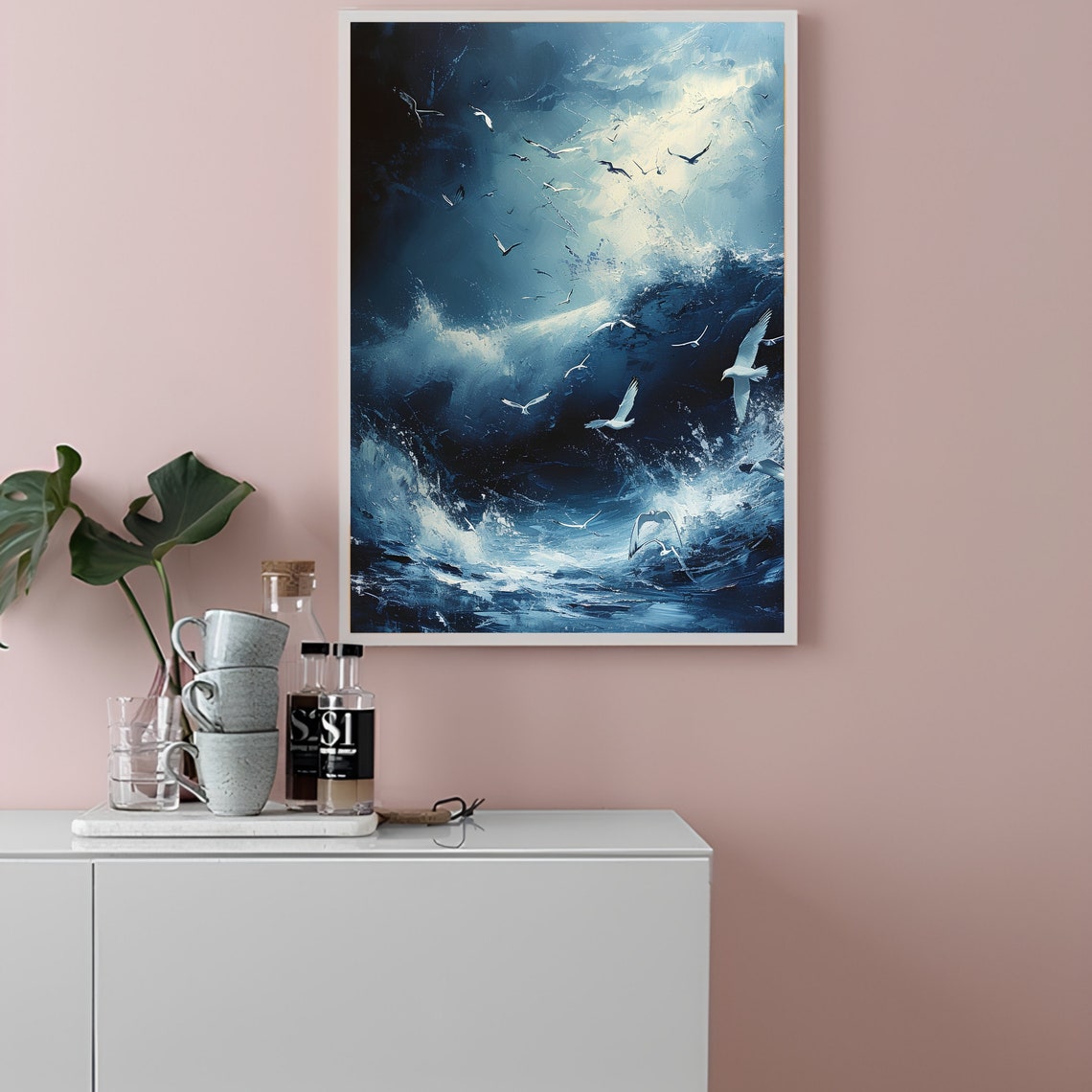 Indigo Storm Ocean Waves Seagulls Moody Night Sky Painting Poster - Image 2