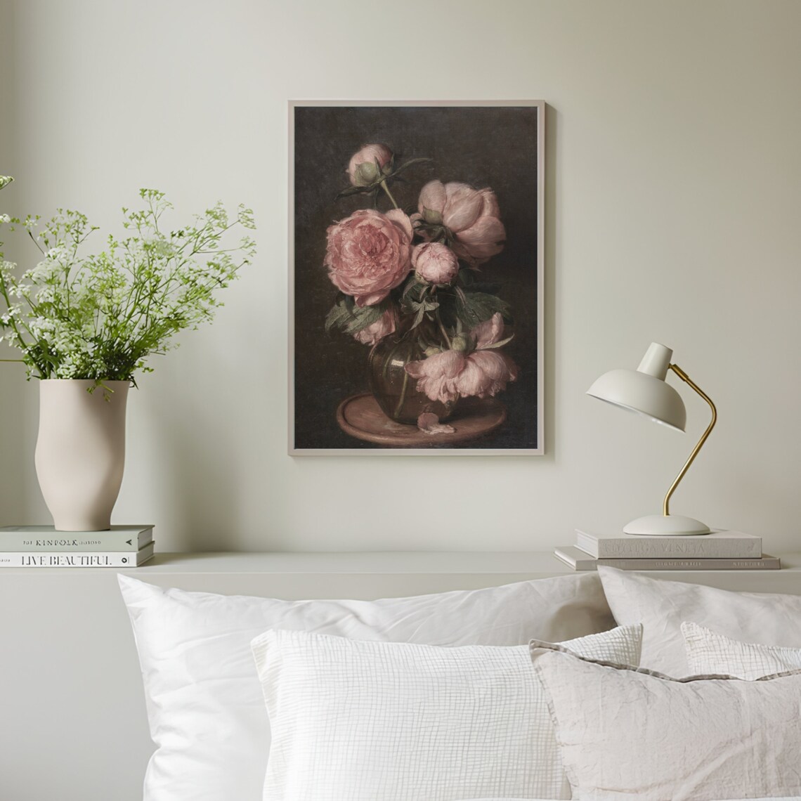 Blush Pink Peonies in Glass Vase Moody Vintage Floral Still Life Print - Image 3