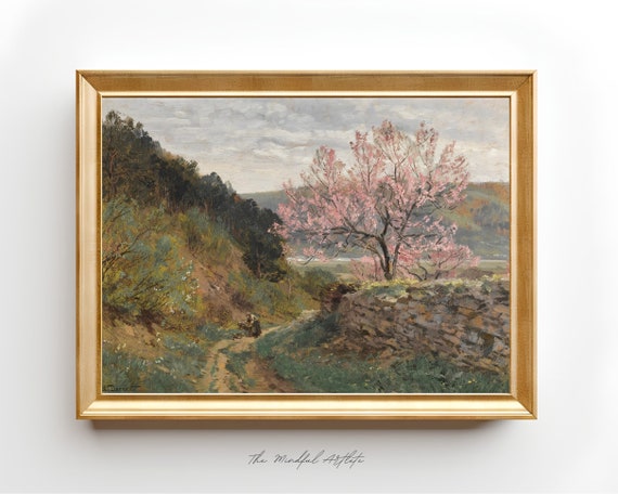 Vintage Meadow Painting Vintage Landscape Painting Cherry Blossom Painting Tree Print Vintage Print Farmhouse Decor Rustic Country Art Print