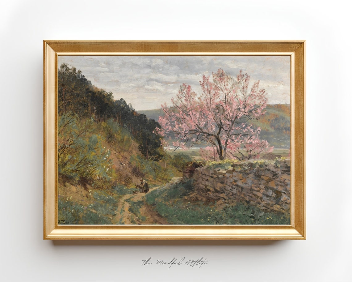 Vintage Cherry Blossom Tree by a Hillside Path Landscape Poster