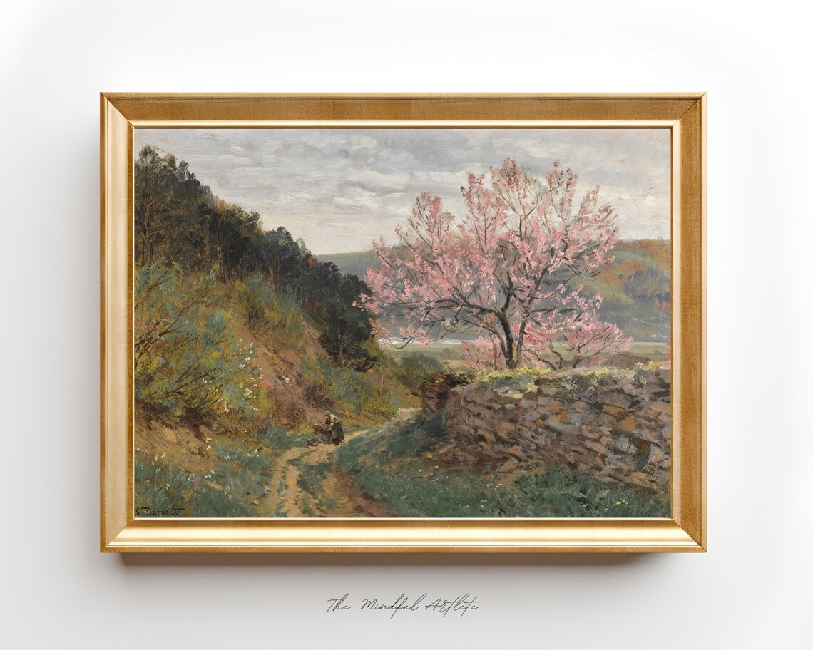 Vintage Meadow Painting Vintage Landscape Painting Cherry Blossom Painting Tree Print Vintage Print Farmhouse Decor Rustic Country Art Print