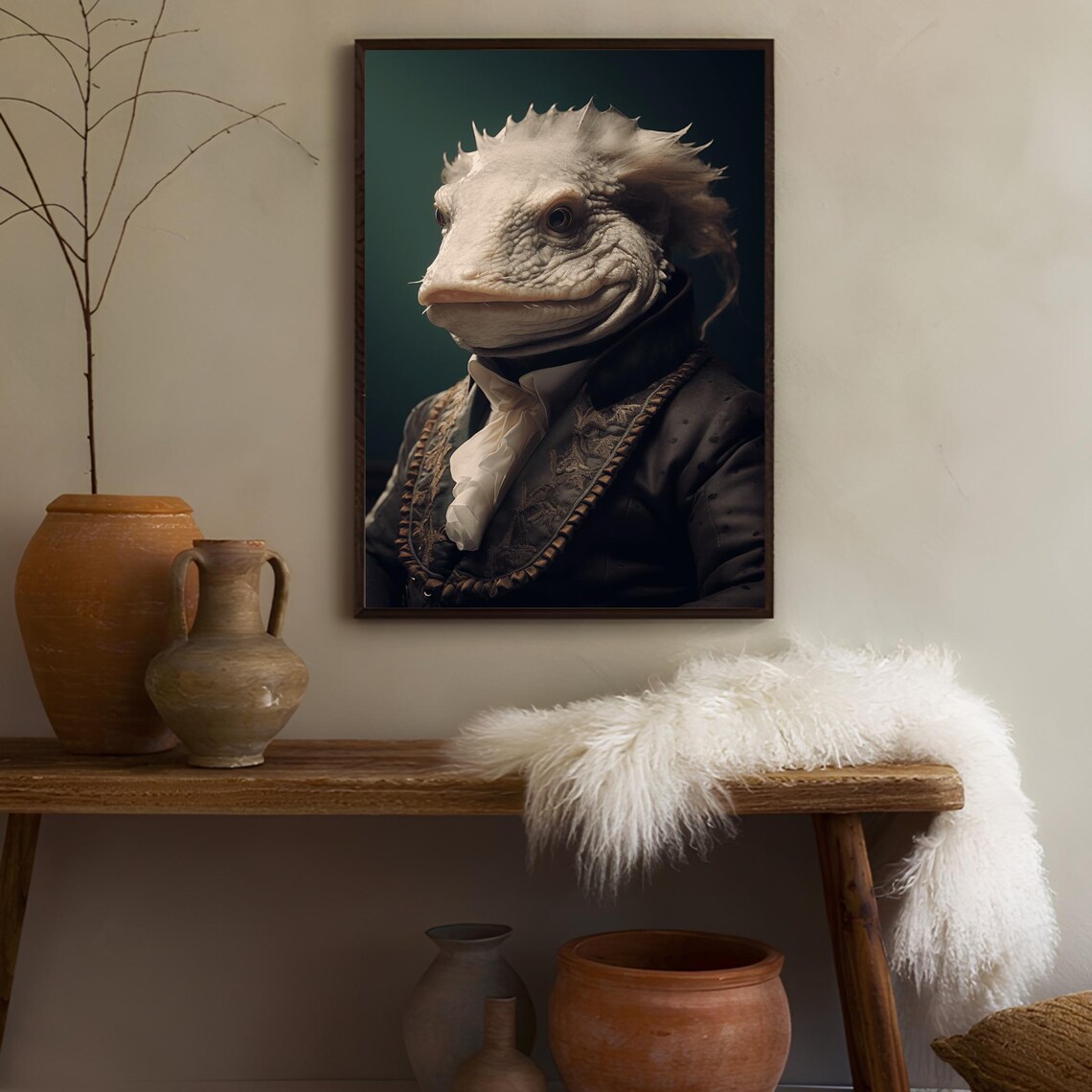 Victorian Axolotl Portrait with White Cravat Dark Charming Animal Poster - Image 2