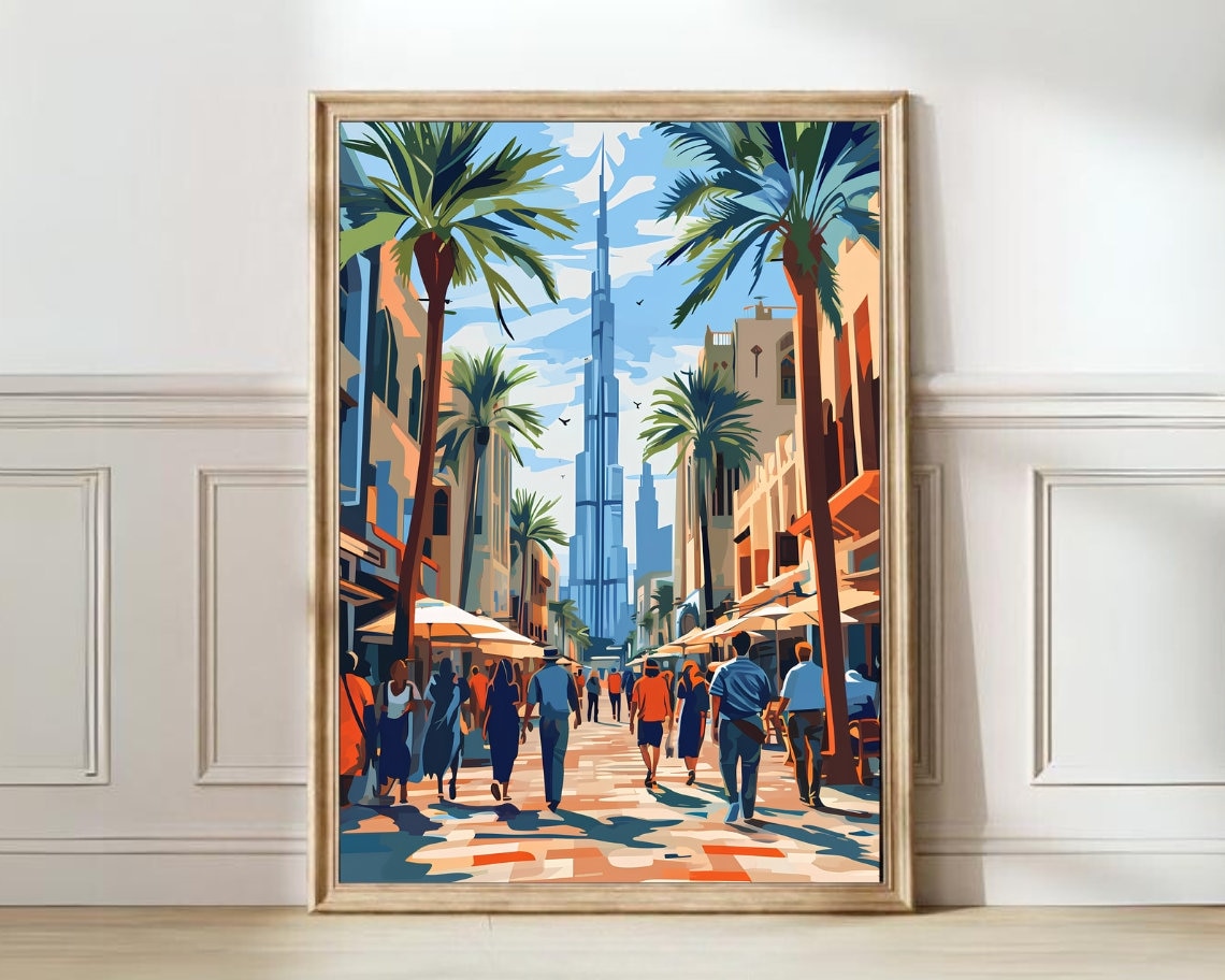 Dubai Illustration Poster of Burj Khalifa Above a Bustling City Street