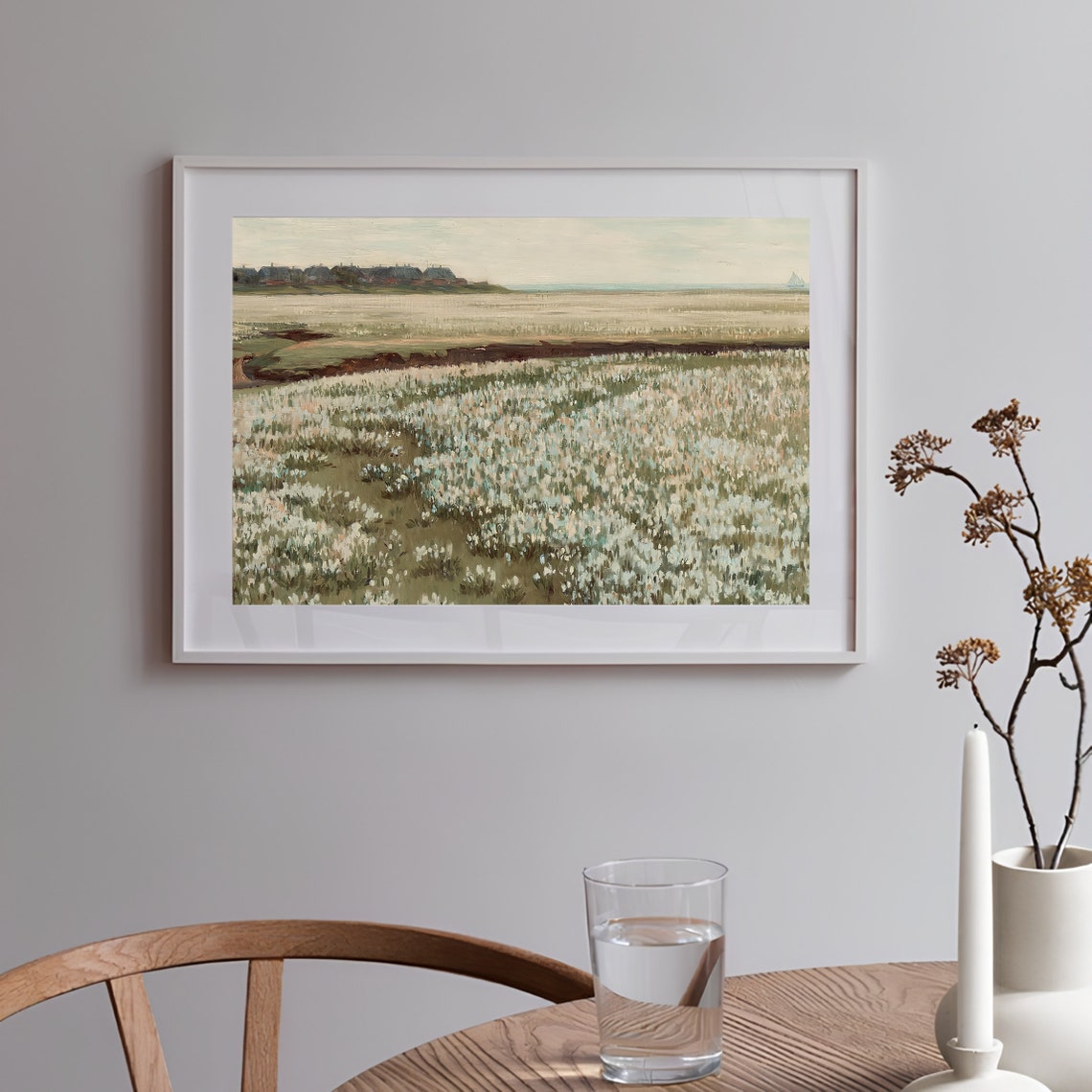 Vintage Meadow Painting Vintage Landscape Painting White Flower Field Painting Wildflowers Print Farmhouse Decor Rustic Country Art Print - Image 3